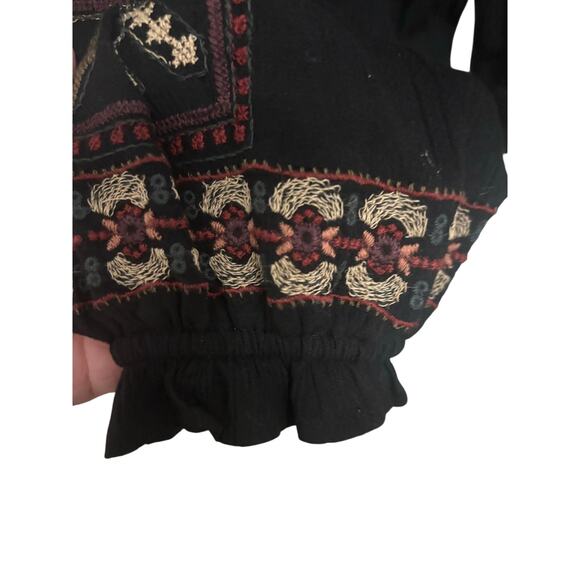 American Eagle Black Boho Embroidered Peasant Top Tassel Tie Neck Long Sleeve S - Picture 5 of 10